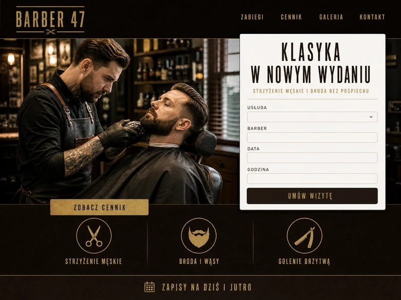 Wizualizacja strony internetowej dla firmy z branży: Barber. Przykład poglądowy.