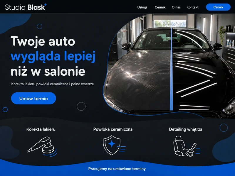 Przykładowy projekt strony internetowej dla branży: Detailing samochodowy. Wizualizacja poglądowa.