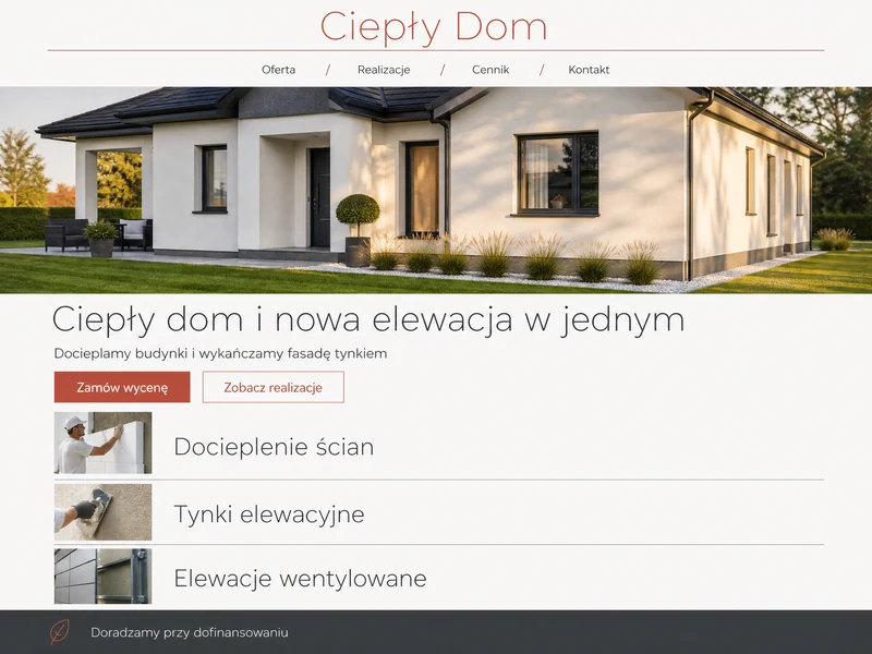 Wizualizacja strony internetowej dla firmy z branży: Elewacje i docieplenia. Przykład poglądowy.