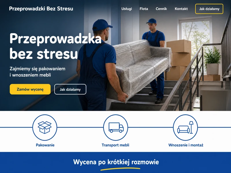 Przykładowy projekt strony internetowej dla branży: Firma przeprowadzkowa. Wizualizacja poglądowa.