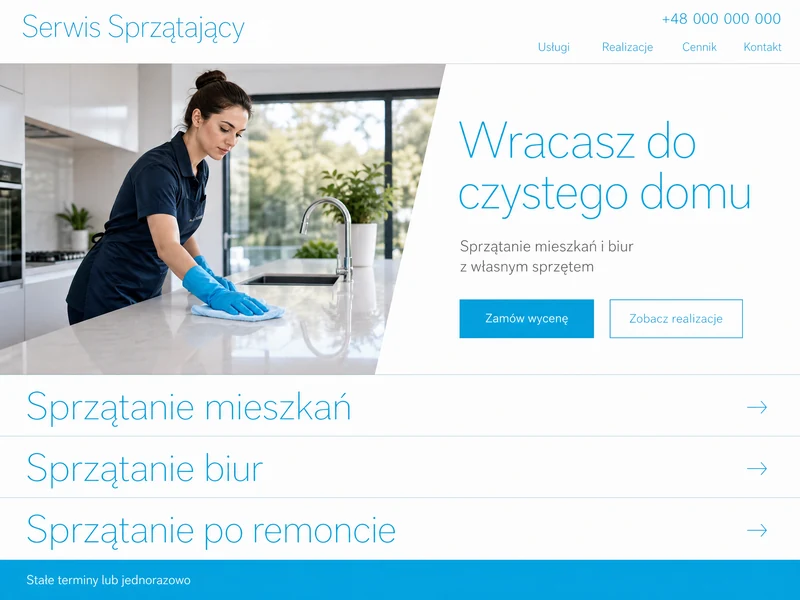 Poglądowy projekt strony WWW dla branży: Firma sprzątająca. Przykładowa stylistyka, nie realizacja.