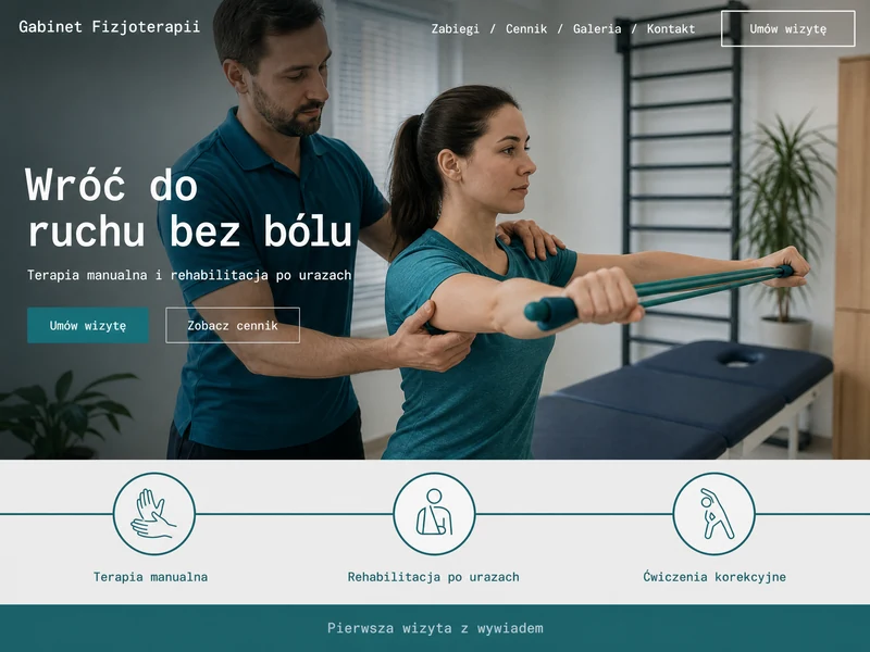 Poglądowy projekt strony WWW dla branży: Fizjoterapeuta. Przykładowa stylistyka, nie realizacja.