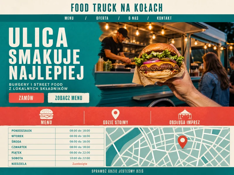 Poglądowy projekt strony WWW dla branży: Food truck. Przykładowa stylistyka, nie realizacja.