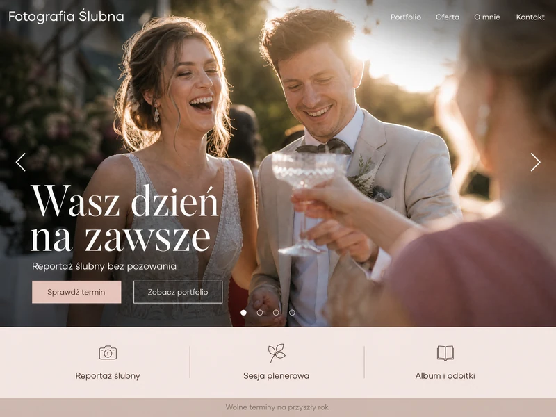 Makieta strony WWW w stylistyce branży: Fotograf ślubny. Projekt przykładowy, nie wdrożenie klienta.
