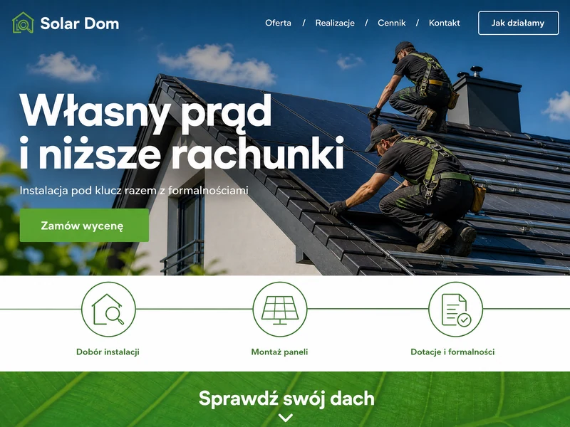 Przykładowy projekt strony internetowej dla branży: Fotowoltaika. Wizualizacja poglądowa.