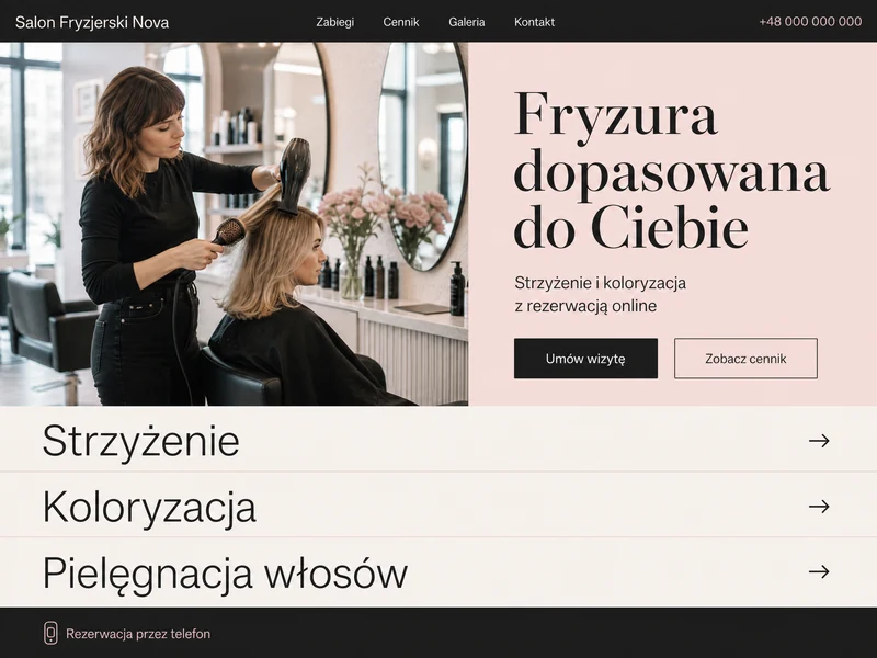 Makieta strony WWW w stylistyce branży: Fryzjer. Projekt przykładowy, nie wdrożenie klienta.