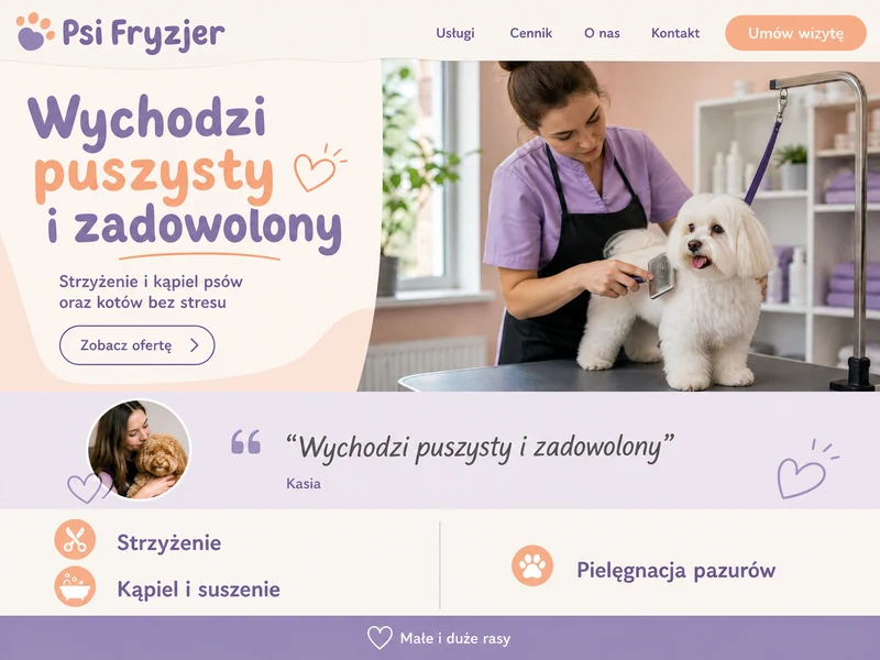 Makieta strony WWW w stylistyce branży: Groomer. Projekt przykładowy, nie wdrożenie klienta.