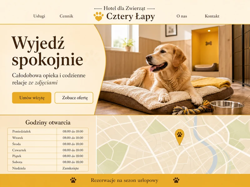 Wizualizacja strony internetowej dla firmy z branży: Hotel dla zwierząt. Przykład poglądowy.