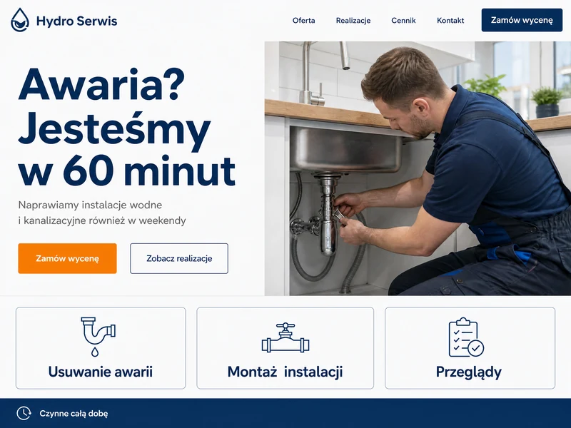 Przykładowy projekt strony internetowej dla branży: Hydraulik. Wizualizacja poglądowa.