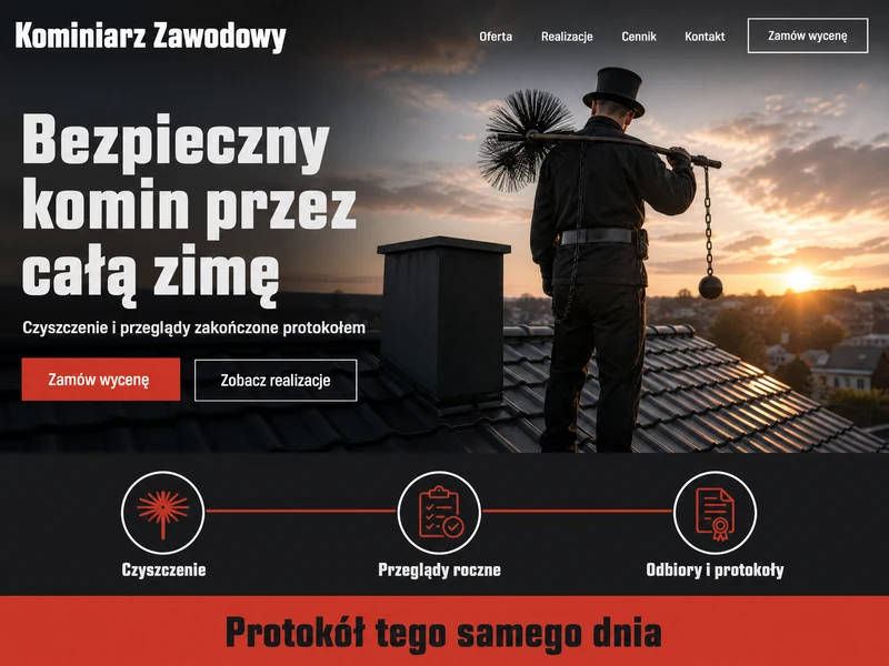 Wizualizacja strony internetowej dla firmy z branży: Kominiarz. Przykład poglądowy.