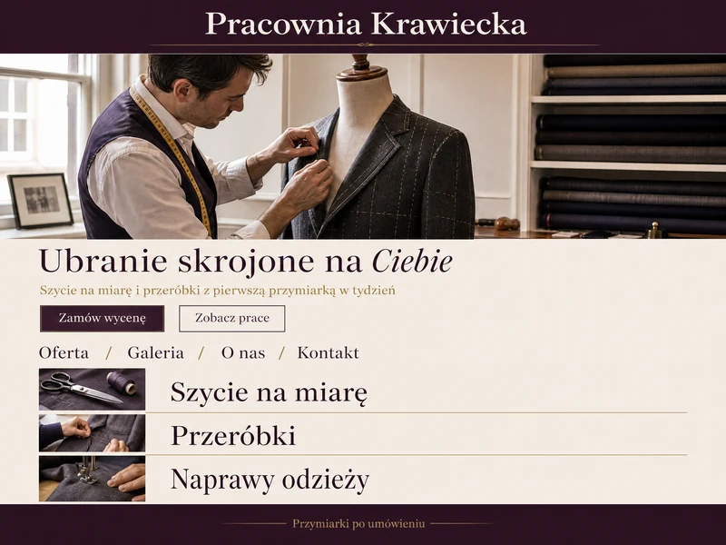 Przykładowy projekt strony internetowej dla branży: Krawiec. Wizualizacja poglądowa.