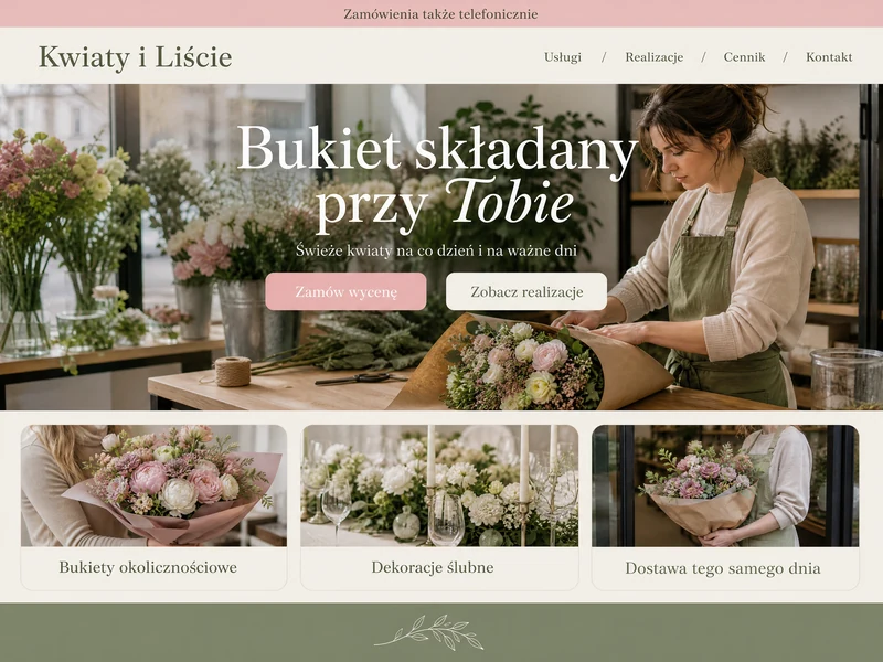Poglądowy projekt strony WWW dla branży: Kwiaciarnia. Przykładowa stylistyka, nie realizacja.