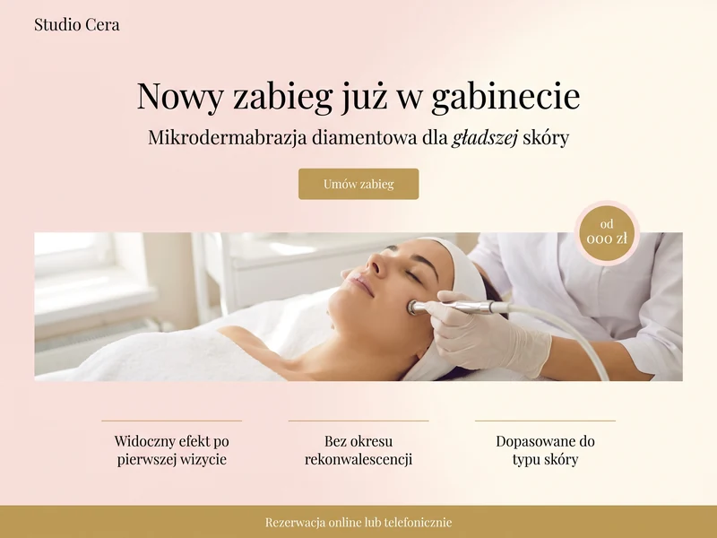 Poglądowy projekt landing page dla branży: Gabinet kosmetyczny. Cel strony: Nowa usługa. Przykładowa stylistyka, nie realizacja.