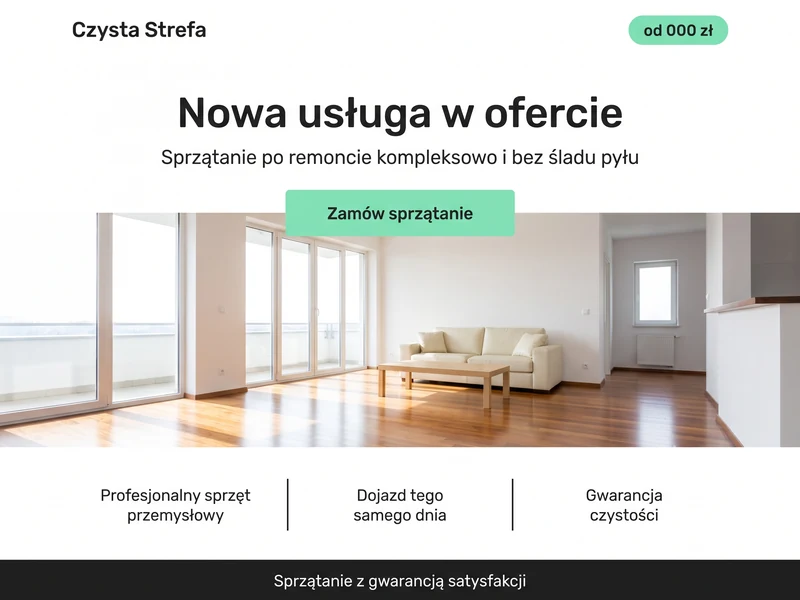 Makieta jednostronicowego landing page w stylistyce branży: Firma sprzątająca. Cel strony: Nowa usługa. Projekt przykładowy, nie wdrożenie klienta.