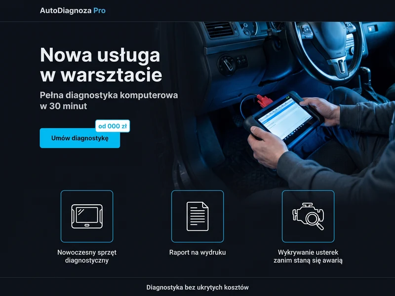 Przykładowy projekt landing page dla branży: Warsztat samochodowy. Cel strony: Nowa usługa. Wizualizacja poglądowa.