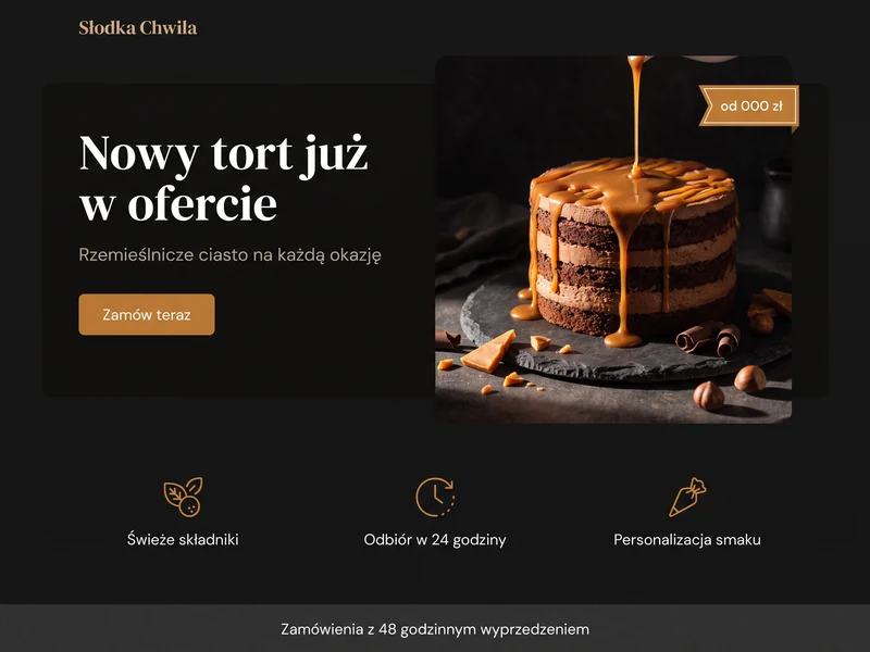 Przykładowy projekt landing page dla branży: Cukiernia. Cel strony: Nowy produkt. Wizualizacja poglądowa.