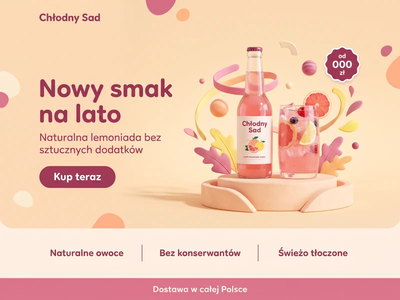 Makieta jednostronicowego landing page w stylistyce branży: Wytwórnia lemoniad. Cel strony: Nowy produkt. Projekt przykładowy, nie wdrożenie klienta.