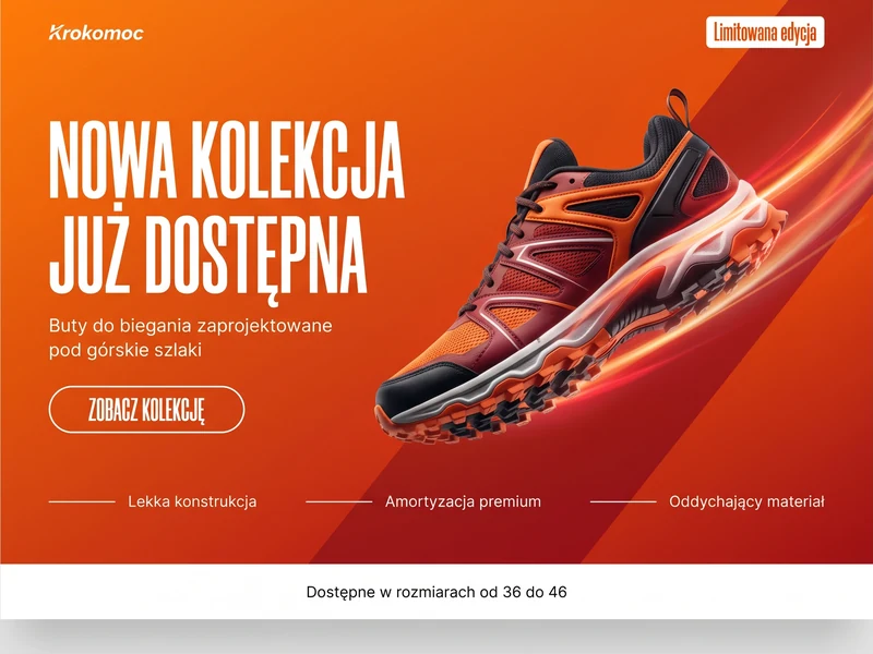 Wizualizacja landing page dla firmy z branży: Producent obuwia sportowego. Cel strony: Nowy produkt. Przykład poglądowy.