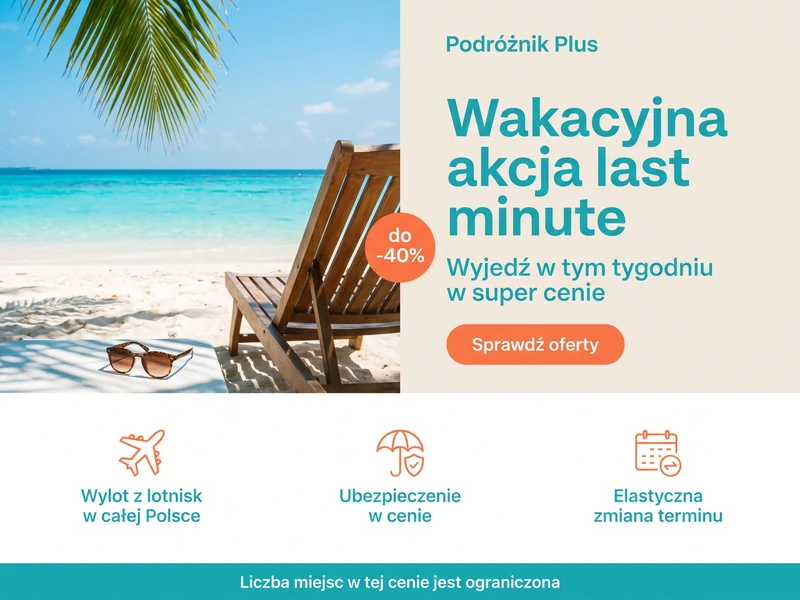Wizualizacja landing page dla firmy z branży: Biuro podróży. Cel strony: Sezonowa promocja. Przykład poglądowy.