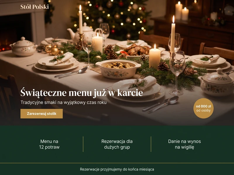 Makieta jednostronicowego landing page w stylistyce branży: Restauracja świąteczna. Cel strony: Sezonowa promocja. Projekt przykładowy, nie wdrożenie klienta.