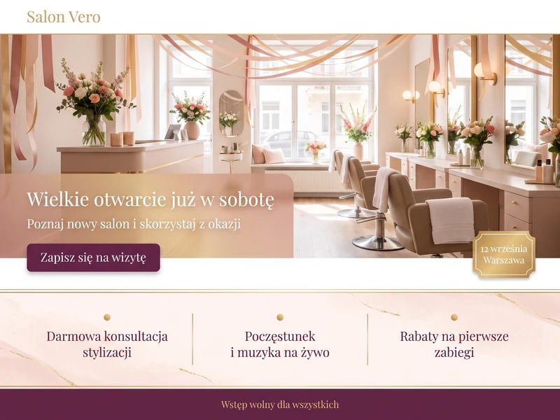 Wizualizacja landing page dla firmy z branży: Salon fryzjerski. Cel strony: Wydarzenie. Przykład poglądowy.
