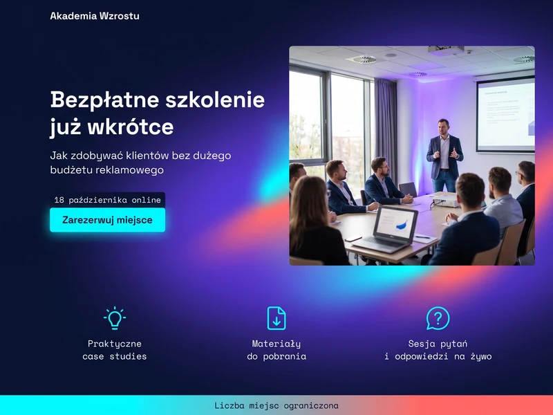 Poglądowy projekt landing page dla branży: Szkolenie biznesowe. Cel strony: Wydarzenie. Przykładowa stylistyka, nie realizacja.