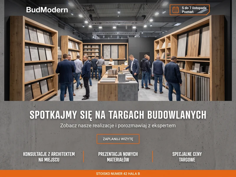 Przykładowy projekt landing page dla branży: Firma budowlana. Cel strony: Wydarzenie. Wizualizacja poglądowa.