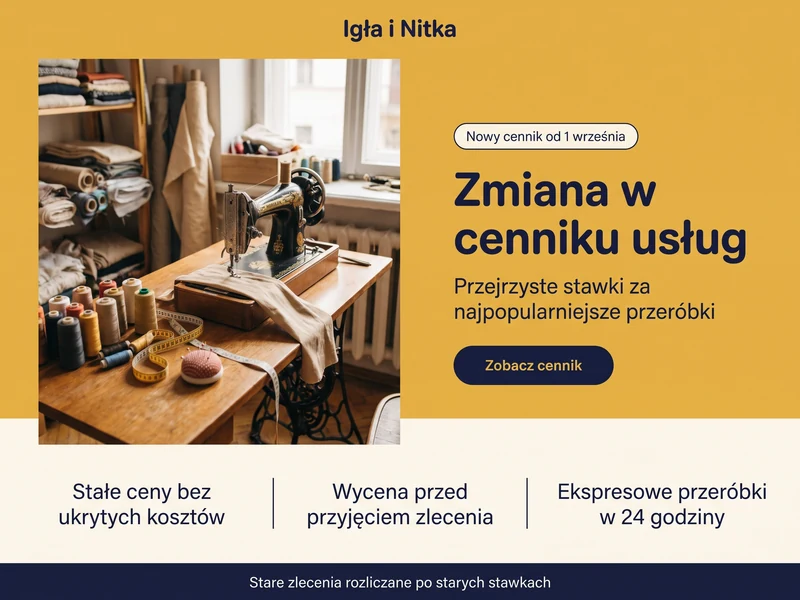 Poglądowy projekt landing page dla branży: Warsztat krawiecki. Cel strony: Zmiana w ofercie. Przykładowa stylistyka, nie realizacja.