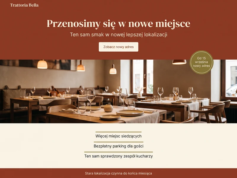 Makieta jednostronicowego landing page w stylistyce branży: Restauracja. Cel strony: Zmiana w ofercie. Projekt przykładowy, nie wdrożenie klienta.