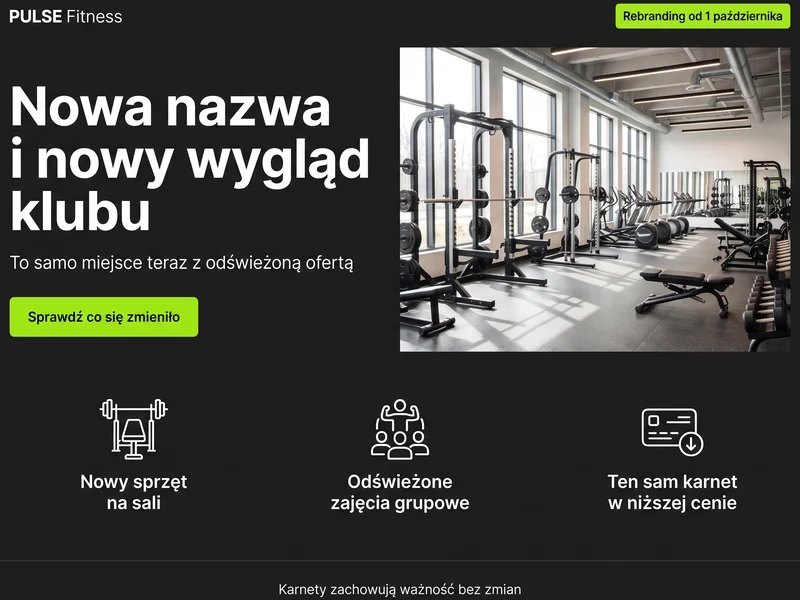 Wizualizacja landing page dla firmy z branży: Siłownia. Cel strony: Zmiana w ofercie. Przykład poglądowy.