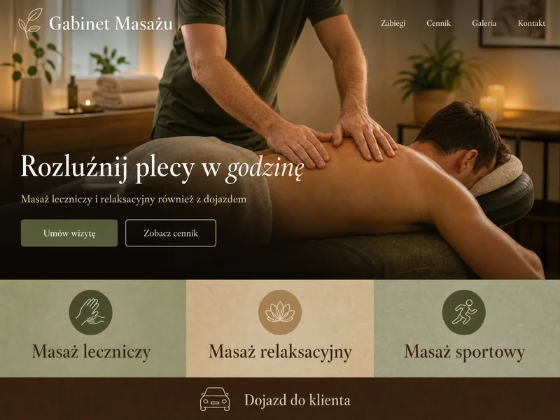 Wizualizacja strony internetowej dla firmy z branży: Masażysta. Przykład poglądowy.