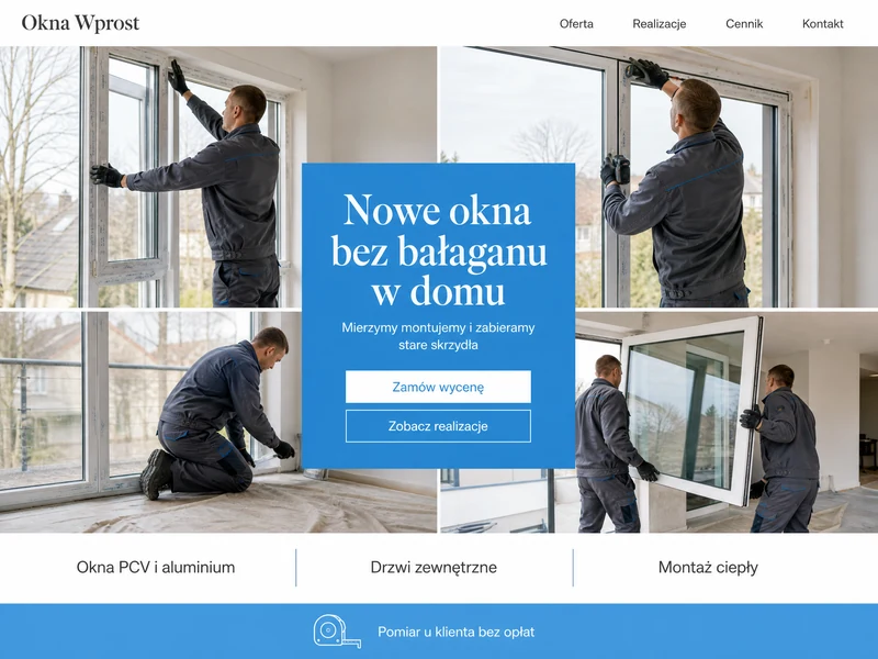 Poglądowy projekt strony WWW dla branży: Montaż okien. Przykładowa stylistyka, nie realizacja.
