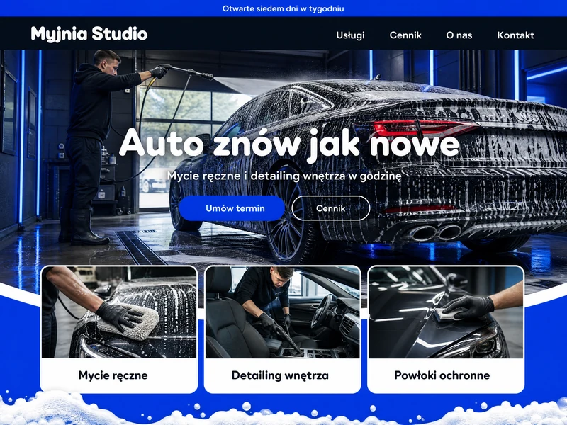 Poglądowy projekt strony WWW dla branży: Myjnia samochodowa. Przykładowa stylistyka, nie realizacja.