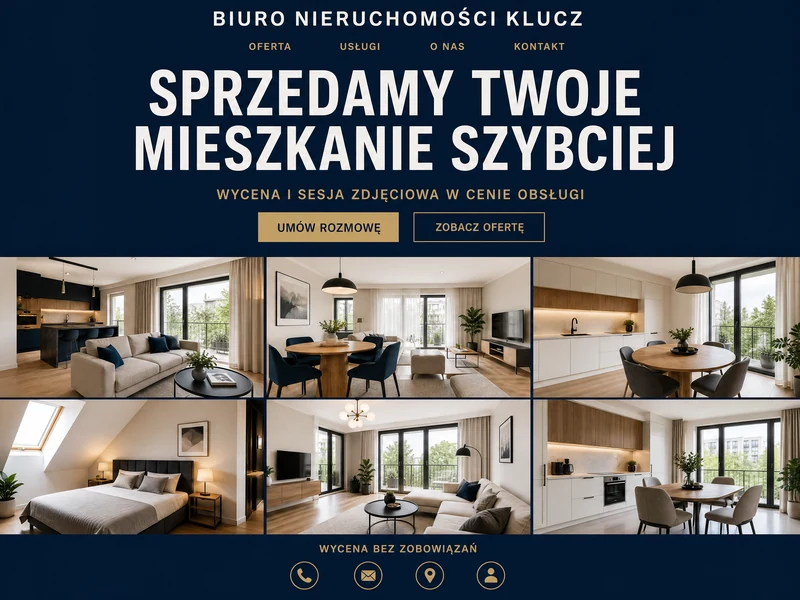 Makieta strony WWW w stylistyce branży: Pośrednik nieruchomości. Projekt przykładowy, nie wdrożenie klienta.