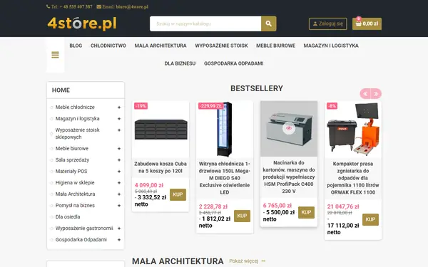 Strona sklepu 4store.pl z wyposażeniem sklepów: meble, regały i akcesoria