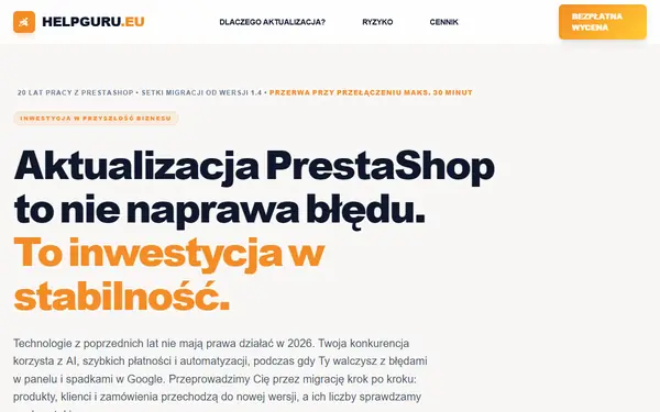 Strona aktualizacja-prestashop.pl o aktualizacji sklepów PrestaShop do wersji 8 i 9