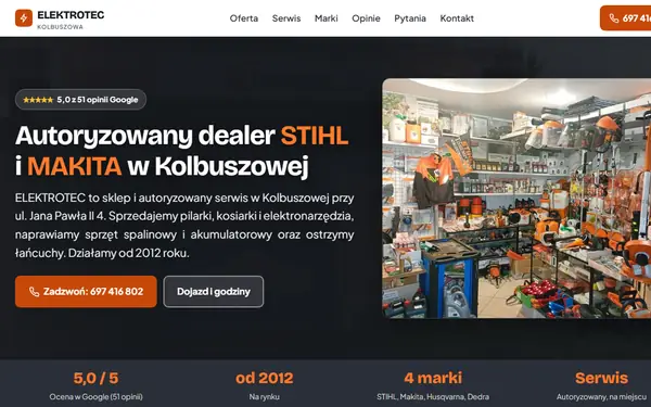 Strona elektrotec-parts.pl, autoryzowanego dealera i serwisu STIHL oraz Makita w Kolbuszowej