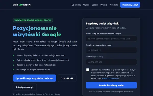 Strona gmbseo.pl o pozycjonowaniu wizytówek Google