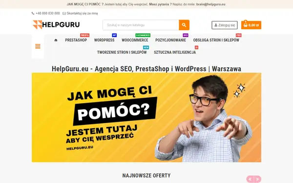 Strona helpguru.eu, agencji z Warszawy: SEO, sklepy PrestaShop i strony WordPress
