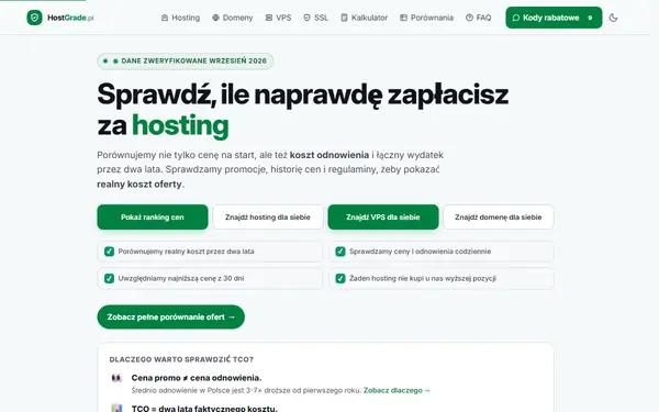 Strona hostgrade.pl, porównywarki realnych cen hostingu