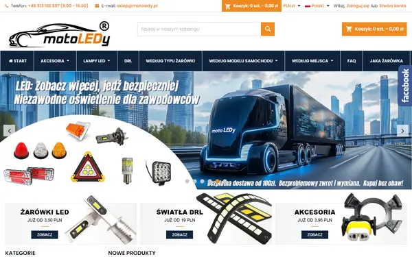 Strona sklepu motoledy.pl z oświetleniem LED do samochodów