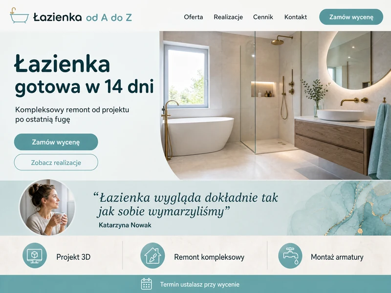 Poglądowy projekt strony WWW dla branży: Remont łazienek. Przykładowa stylistyka, nie realizacja.