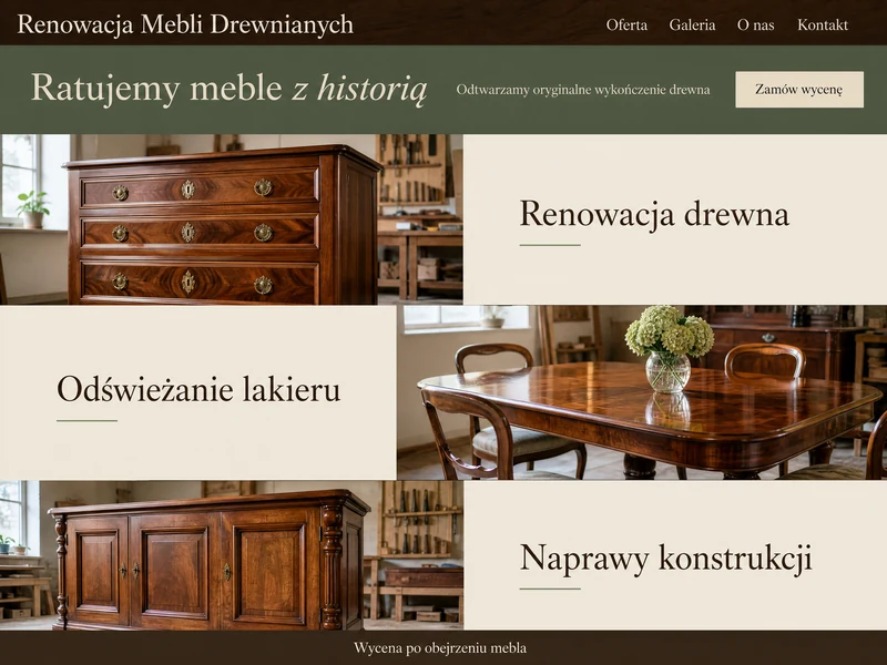 Poglądowy projekt strony WWW dla branży: Renowacja mebli. Przykładowa stylistyka, nie realizacja.