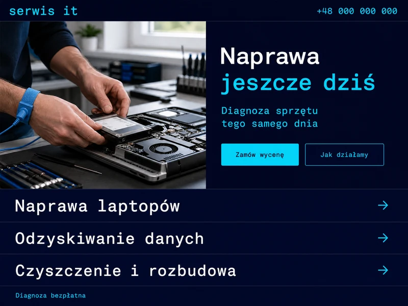 Poglądowy projekt strony WWW dla branży: Serwis komputerowy. Przykładowa stylistyka, nie realizacja.