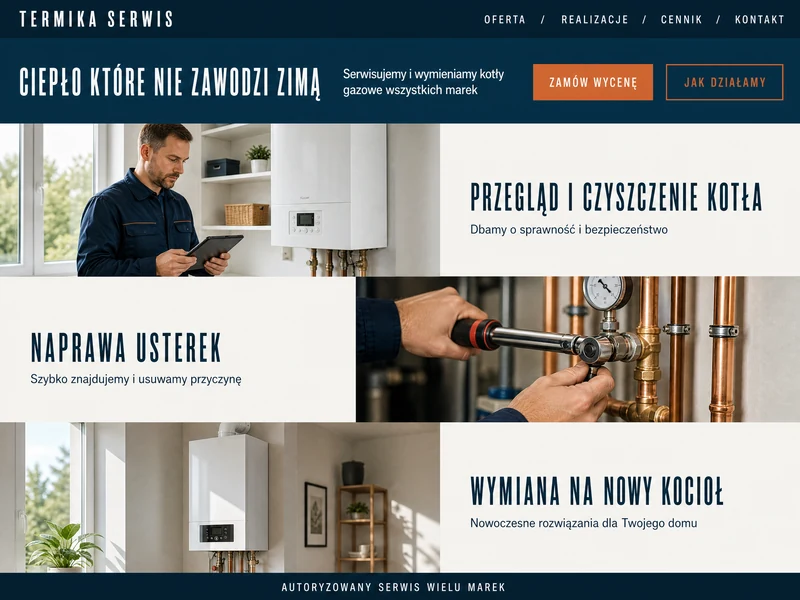 Wizualizacja strony internetowej dla firmy z branży: Serwis kotłów. Przykład poglądowy.
