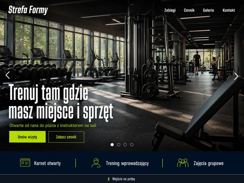 Wizualizacja strony internetowej dla firmy z branży: Siłownia. Przykład poglądowy.
