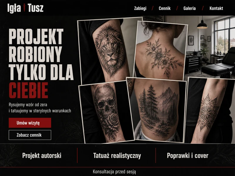 Makieta strony WWW w stylistyce branży: Studio tatuażu. Projekt przykładowy, nie wdrożenie klienta.