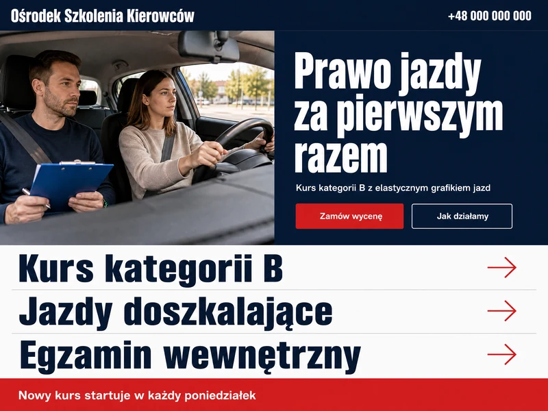 Makieta strony WWW w stylistyce branży: Szkoła jazdy. Projekt przykładowy, nie wdrożenie klienta.