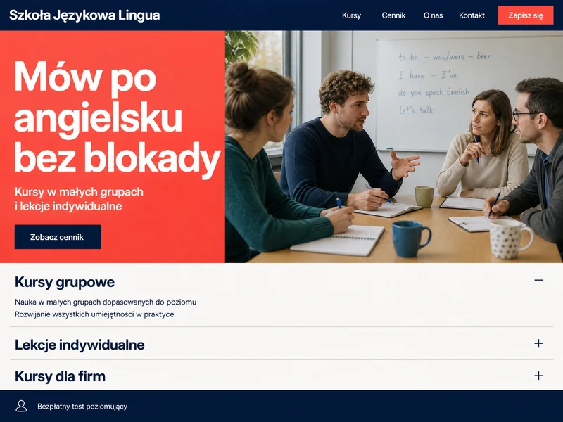 Przykładowy projekt strony internetowej dla branży: Szkoła językowa. Wizualizacja poglądowa.