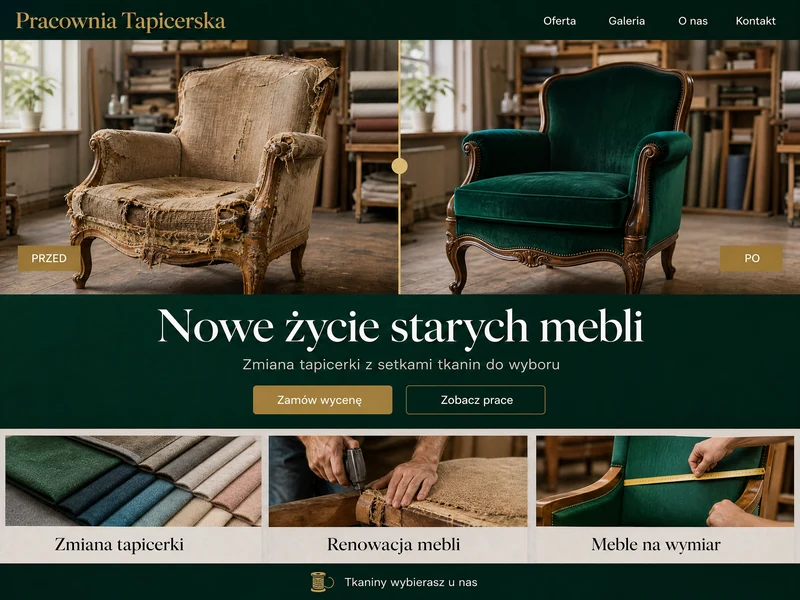 Wizualizacja strony internetowej dla firmy z branży: Tapicer. Przykład poglądowy.